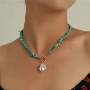 - Pearl Pendant Turquoise Beaded Boho Ethnic Style Necklace Jewelry